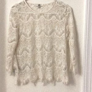 Ya Los Angeles NWOT Cream Lace/Crochet Fringe Boho LS M Top Semi Sheer Blouse